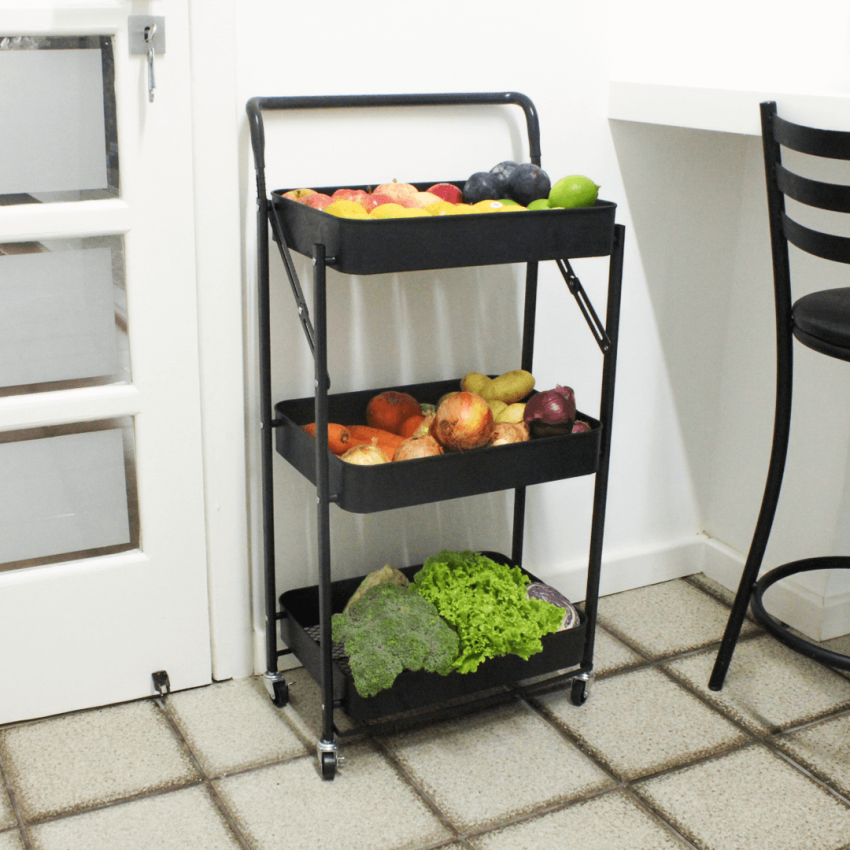 Carrinho Multiuso com 3 prateleiras ( Fruteira / Organizador ) com rodas e alça, cor PRETA - HL-1103A