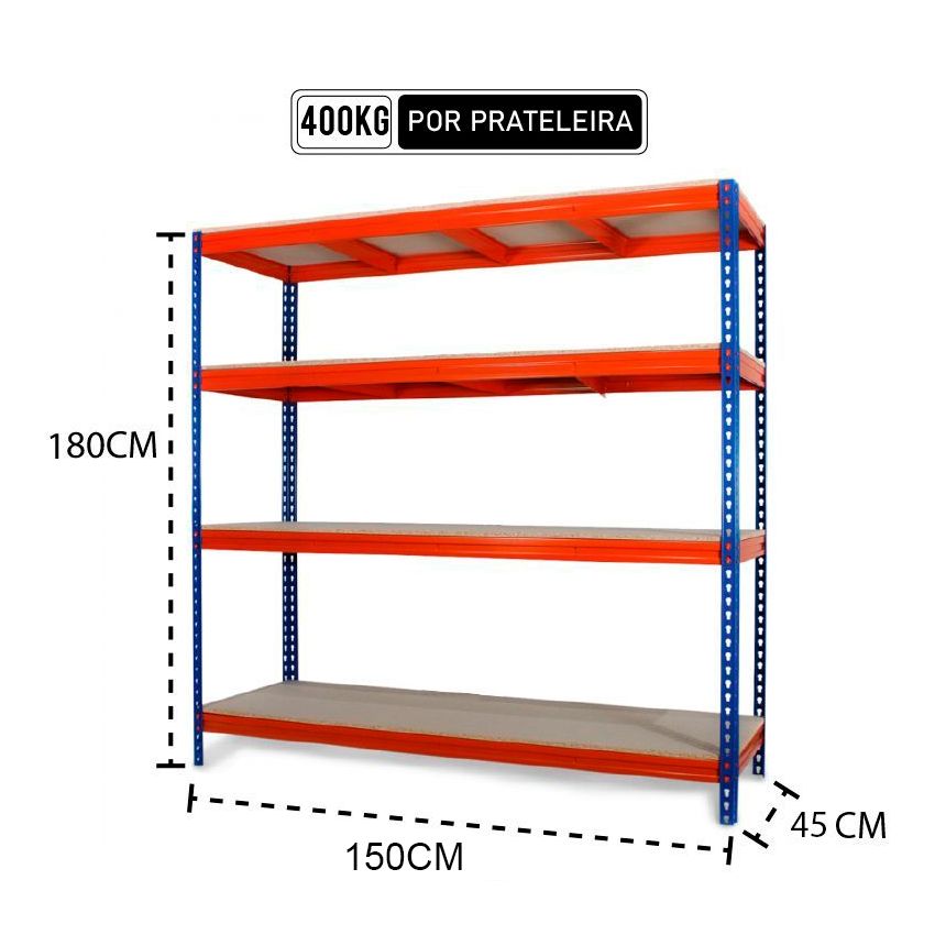 Estante em Aço Reforçado 1600 Kilos - 180x150x45 c/ 4 prateleiras - H15045