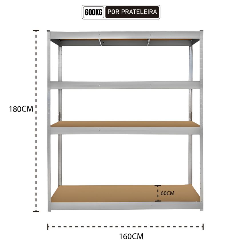Estante em Aço Galvanizada 2400kg 180x160x60 c/ 4 Prateleiras - SG600