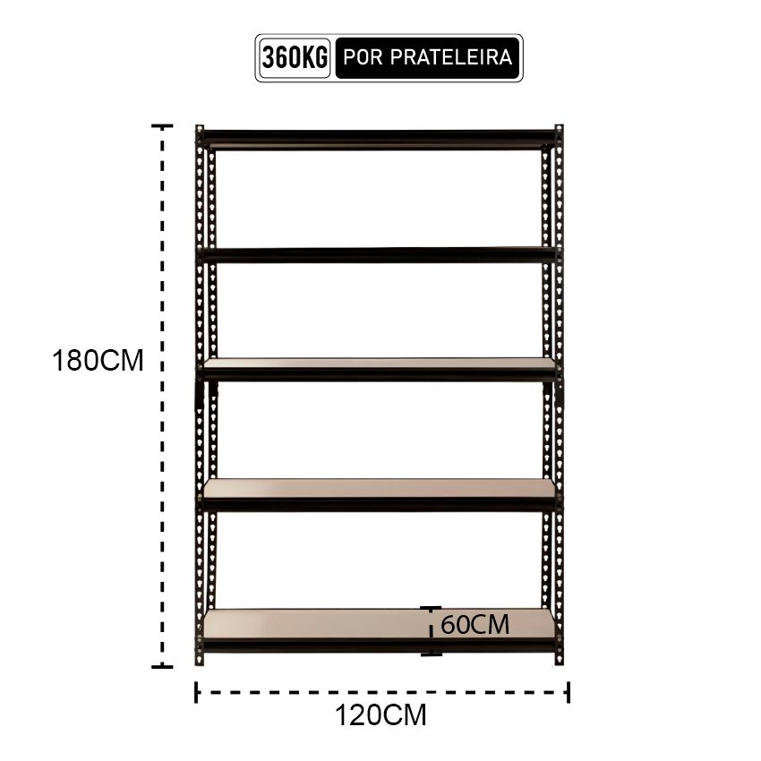 Estante em Aço Reforçado 1800 Kilos 180x120x60 c/ 5 Prateleiras - SP482472