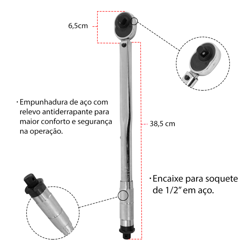 Torquímetro Estalo Ajustável Profissional 1/2 Pol, 28-210 Nm - B2703 - Fixman