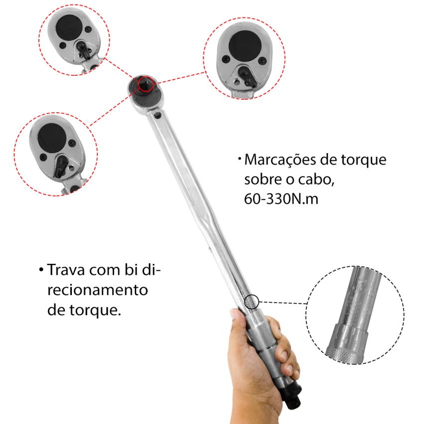 Torquímetro Estalo Ajustável Profissional 1/2 Pol, 28-210 Nm - B2703 - Fixman