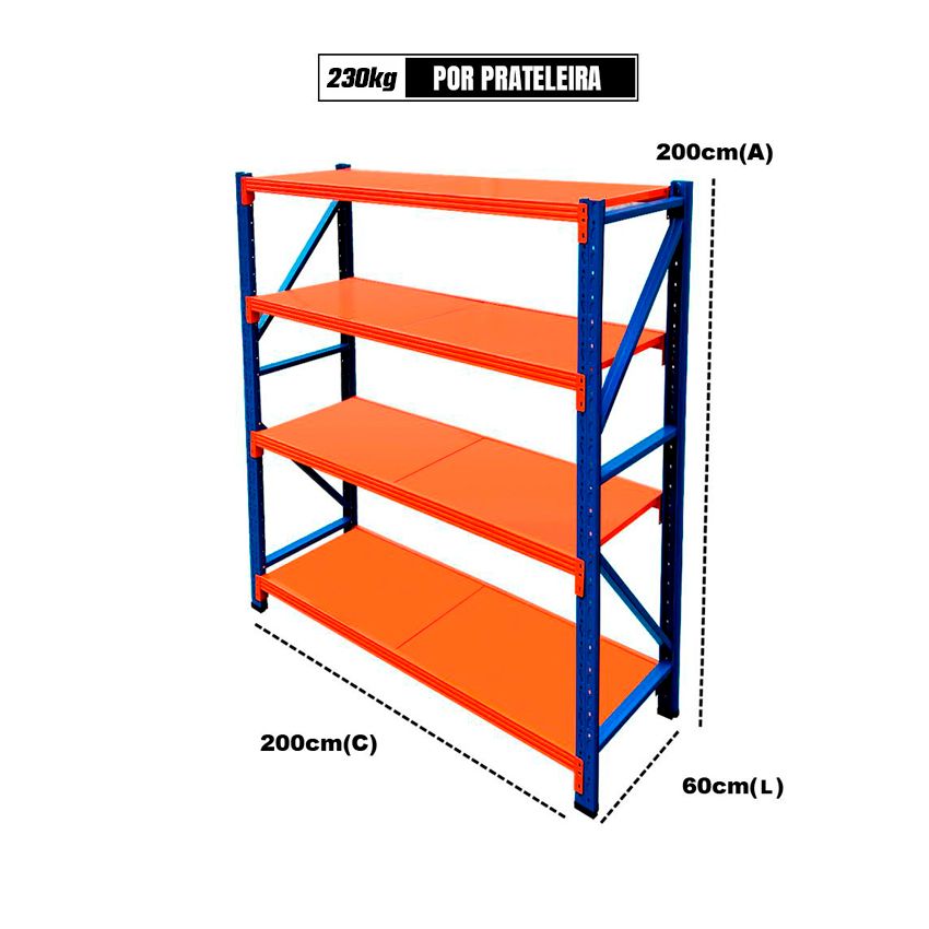 Estante em Aço 230kg p/ prateleira 200x60x200cm - WEL-EST-20X6X20