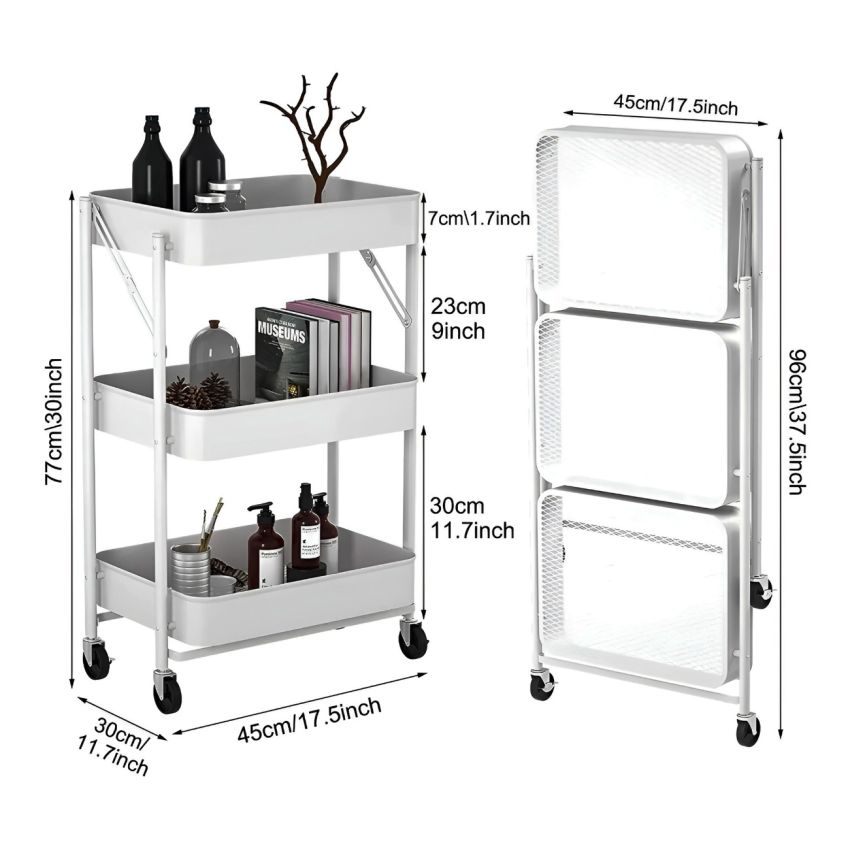 Carrinho Multiuso dobrável com 3 prateleiras ( Fruteira / Organizador ) com rodas, cor BRANCA - WHL-1103B
