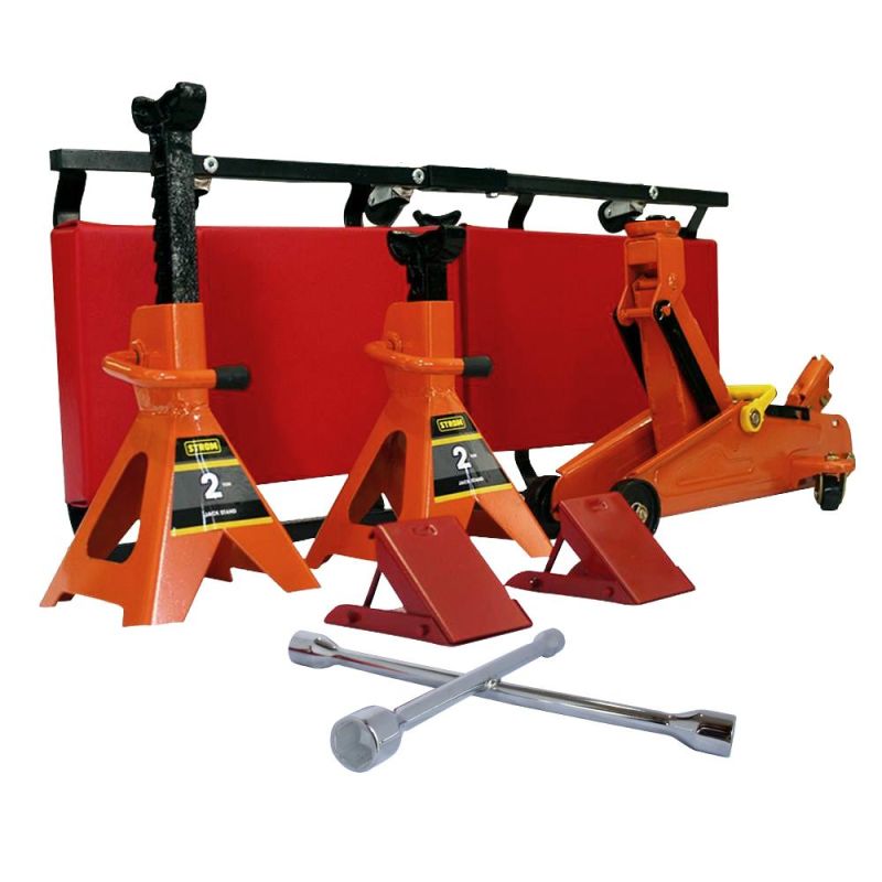 Kit/Conjunto com Macaco Jacaré 2Ton, 2 Cavaletes 2Ton, 1 Esteira, 1 Chave de Roda e 2 calços para roda - 99603 - Strom