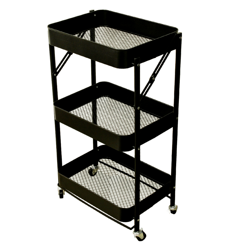 Carrinho Multiuso dobrável com 3 prateleiras ( Fruteira / Organizador ) com rodas, cor PRETA - HL-1103B
