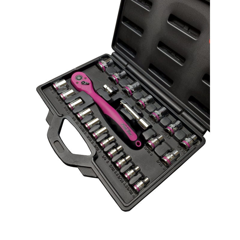Jogo de Soquetes Rosa e Catraca 3/8 com 23pçs - 33954 - Pink Box Tools